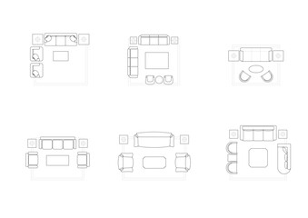Detailed top view architectural drawing of sofa and living room furniture layout, perfect for floor plans, interior design projects, and architectural presentations