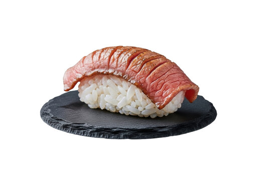 A single succulent aburi wagyu beef nigiri with delicate marbling, perfectly seared, glistening on a dark gray slate plate against a luminous transparent studio background with soft bokeh, concept of