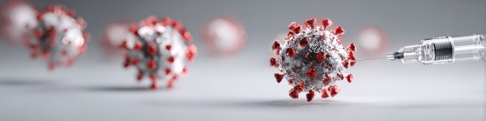 Microscopic Virus Vaccine Injection Red and White Particles on Grey Background