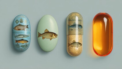 Fototapeta premium Four capsules, each featuring a different fish design, arranged horizontally. Pastel-toned pill-like shapes, with various fish illustrations, are placed against a neutral backdrop