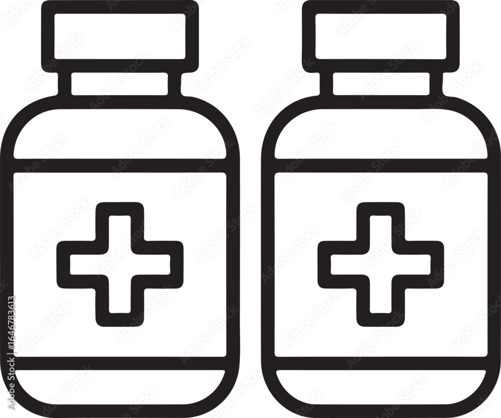 Poster Two simple outline icons of medical bottles with a cross symbol on each one