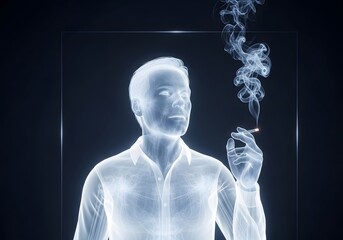 Hologram man smoking against dark backdrop, emitting thin strands. Hologram of man shows wireframe lines of male figure engaged in smoking activity.