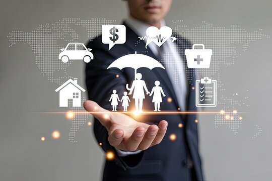 Businessman presenting a comprehensive insurance concept with family protection health home car and financial security icons above his outstretched hand