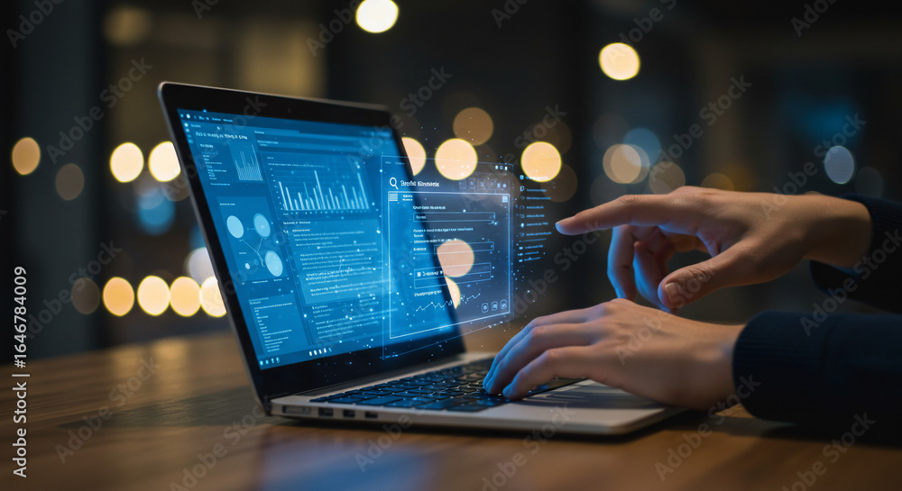 Fototapete hands operate a laptop displaying data visualizations and charts, with a blurred background of light
