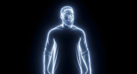 Hologram man rendered in blue displays virtual projection. Virtual projection of hologram man is made up of luminous lines.
