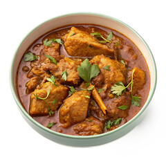 Fototapeta premium A delicious and aromatic chicken curry dish, generously garnished with fresh parsley, served in a light green bowl and isolated on a clean transparent background