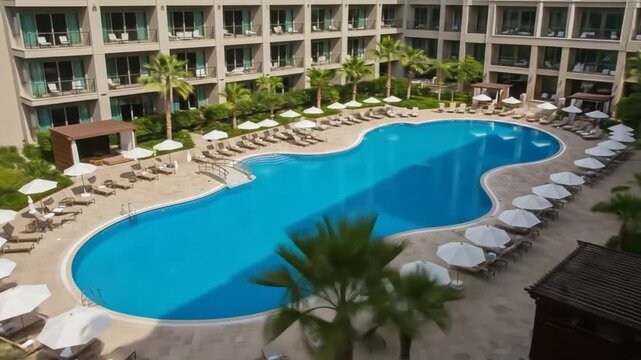 Aerial view of an empty luxurious hotel pool with surrounding lounge chairs and umbrellas during daytime