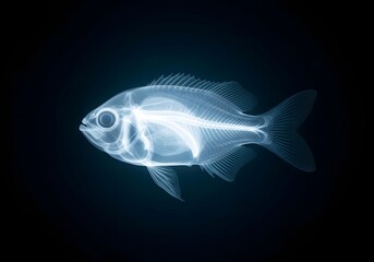 X ray of fish reveals internal skeletal structure against dark background. Fish x ray allows detailed observation of the bone system.