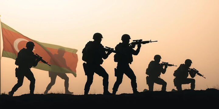 Silhouetted Azerbaijani soldiers in combat, foggy background, flag element,  creative,  decoration - Powered by Adobe