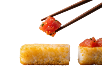 Dark wood chopsticks precisely lift vibrant red-orange spicy tuna from golden-brown crispy rice, a macro photorealistic studio shot on transparent, shallow DOF, soft light. Concept of Japanese
