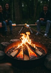 Fototapeta premium Friends Roasting Marshmallows Around Campfire at Night