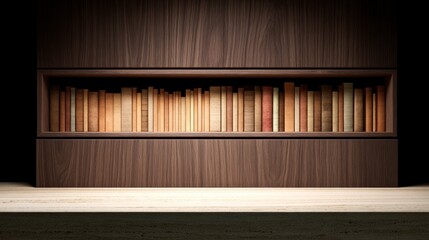 A row of vintage books displayed on a wooden shelf with a modern dark wood cabinet