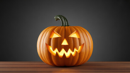 A glowing carved halloween jack o lantern with a spooky face sits on a wooden surface against a dark background