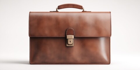 Vintage Brown Leather Briefcase on White Background