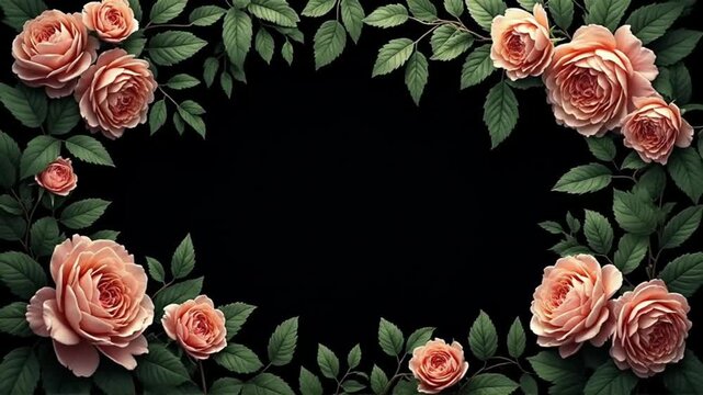 pink rose floral frame with green leaves black background