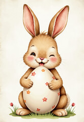 An Illustration of Bunny Rabbit Holding Decorated Easter Egg
