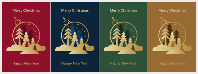 Christmas, New Year and Happy Holidays invitation design vector. Season's Greeting Card. Christmas bauble, tree with golden shiny gradient.
