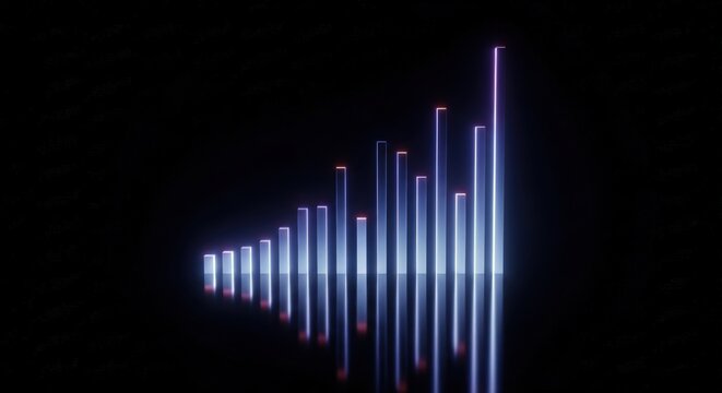 A vibrant neon bar graph with a reflective surface shows an upward trend, symbolizing business growth, financial success, and positive market performance in a modern design