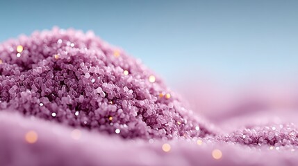Obraz premium Close up of sparkling lavender crystal granules against a soft gradient blue and pink background