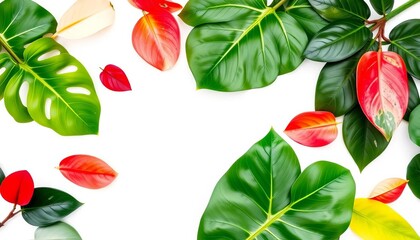 Obraz premium Vibrant horizontal arrangement of monstera and ficus leaves on white, tropical, pattern