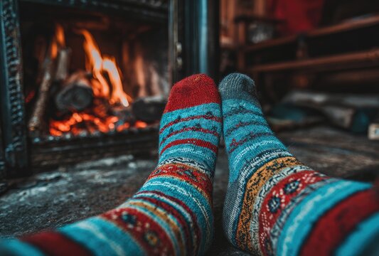 Cozy feet by a fireplace - Powered by Adobe
