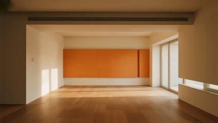 Modern living room with wooden floors and neutral walls, showcasing minimalist design and open space.