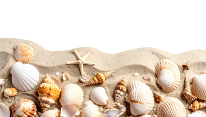 Beach sand with shells on transparent background
