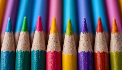 Fototapeta premium Close up of sharpened colored pencils in a rainbow of vibrant colors