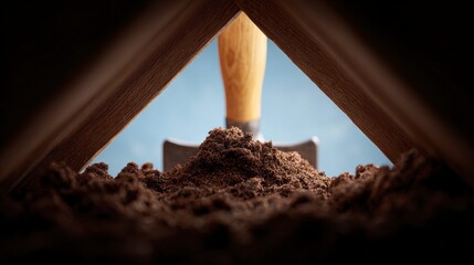 Pile of rich soil with garden trowel handle and wooden frame against blue sky