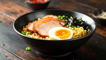 Bowl of ramen with sliced pork soft-boiled egg and nori on a dark textured background 
