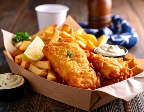 Crispy fried fish and chips in a paper tray
