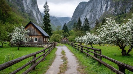 Rustic valley scene with wooden houses and flowering trees