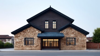 Traditional stone and dark brick building with a pitched roof and multiple windows
