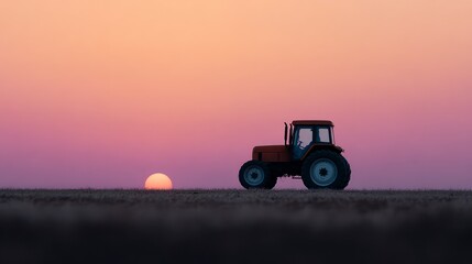Fototapeta premium Red tractor parked in a field at sunset with a gradient sky farm agriculture