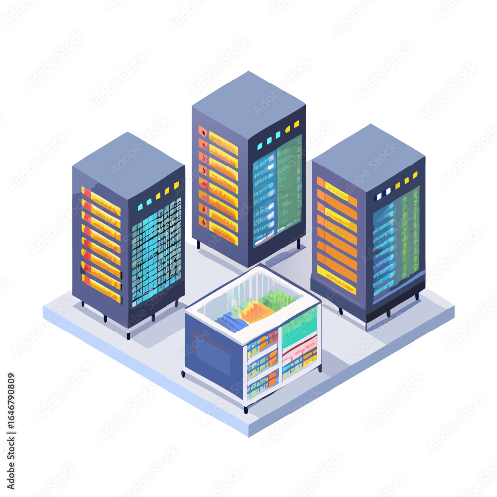 Poster isometric server room with data storage racks and computing systems on white