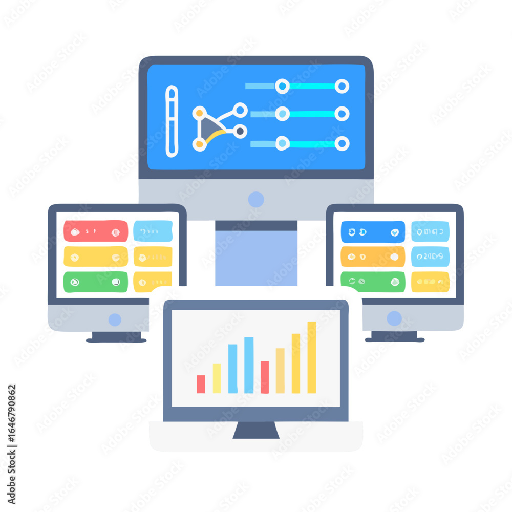 Poster data analysis on multiple computer screens isolated on white background