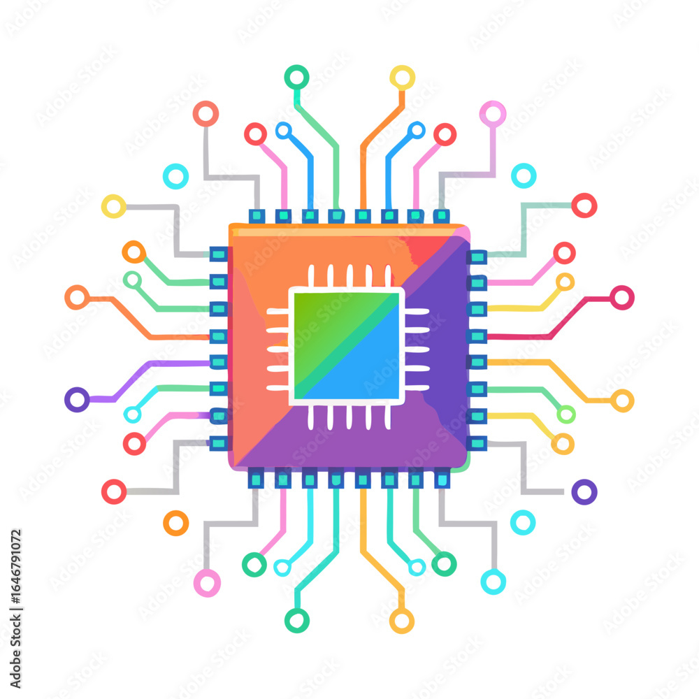 Aufkleber colorful microchip for computer technology and electronics isolated on white background