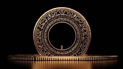 Intricate gold circular medallion with geometric patterns against a dark background
