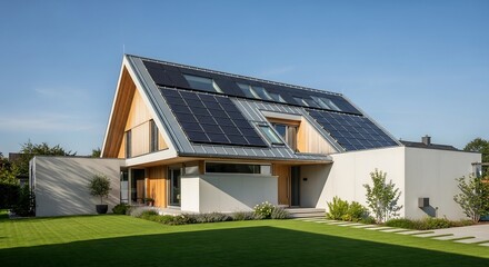 Minimalist two-story home with integrated solar panels, angular roof and manicured lawn, editorial architectural photography for sustainable housing campaigns
