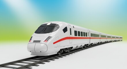 Naklejka premium This image shows a sleek, high-speed train traveling along curved railway tracks.