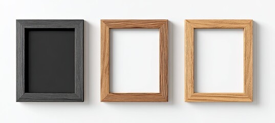 Three empty wooden picture frames in various colors