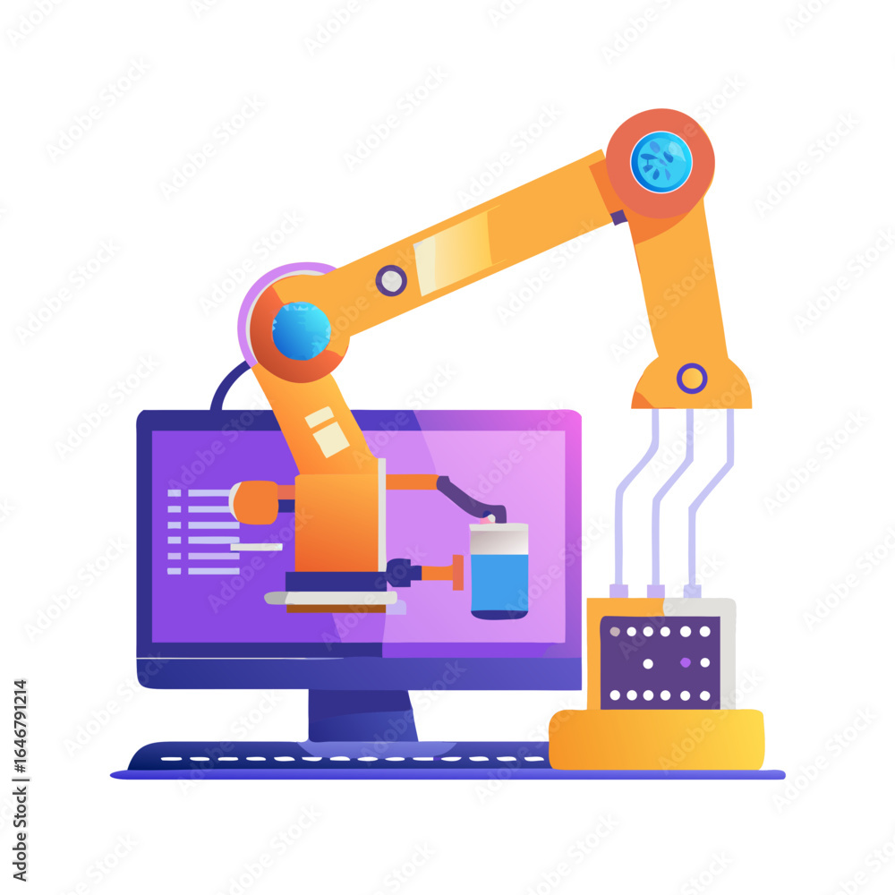 Aufkleber automated robotic arm working on a computer isolated on white background