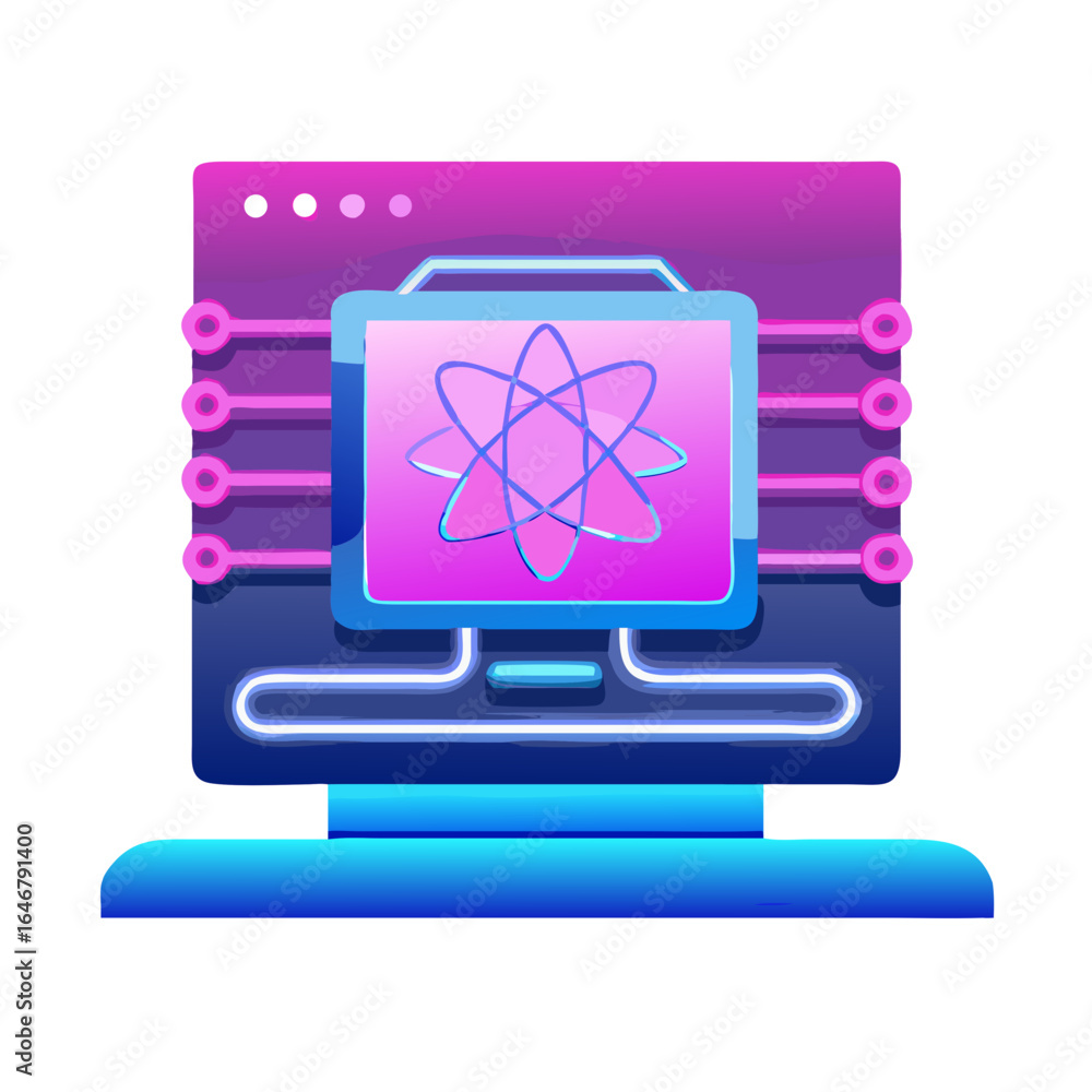 Aufkleber computer screen displaying an atom model for science and technology isolated on white background