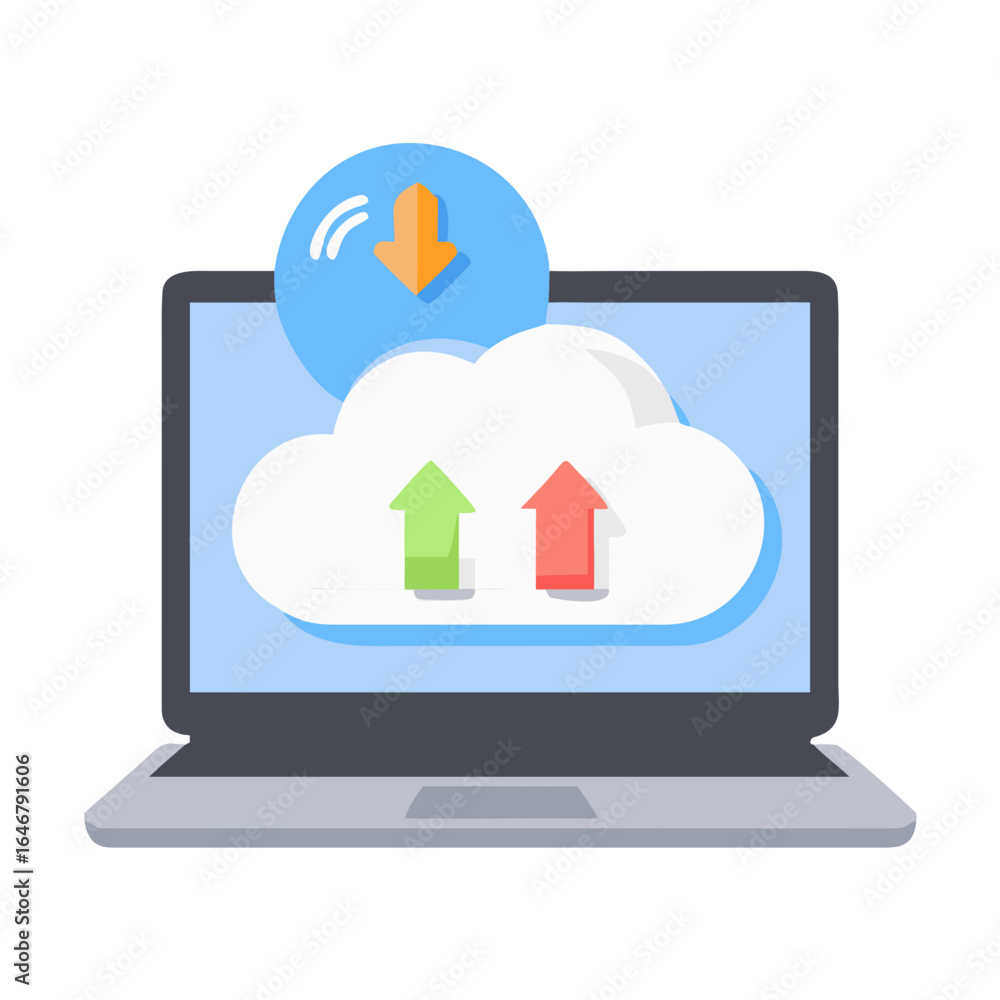 Poster laptop with cloud computing and data transfer icons isolated on white background