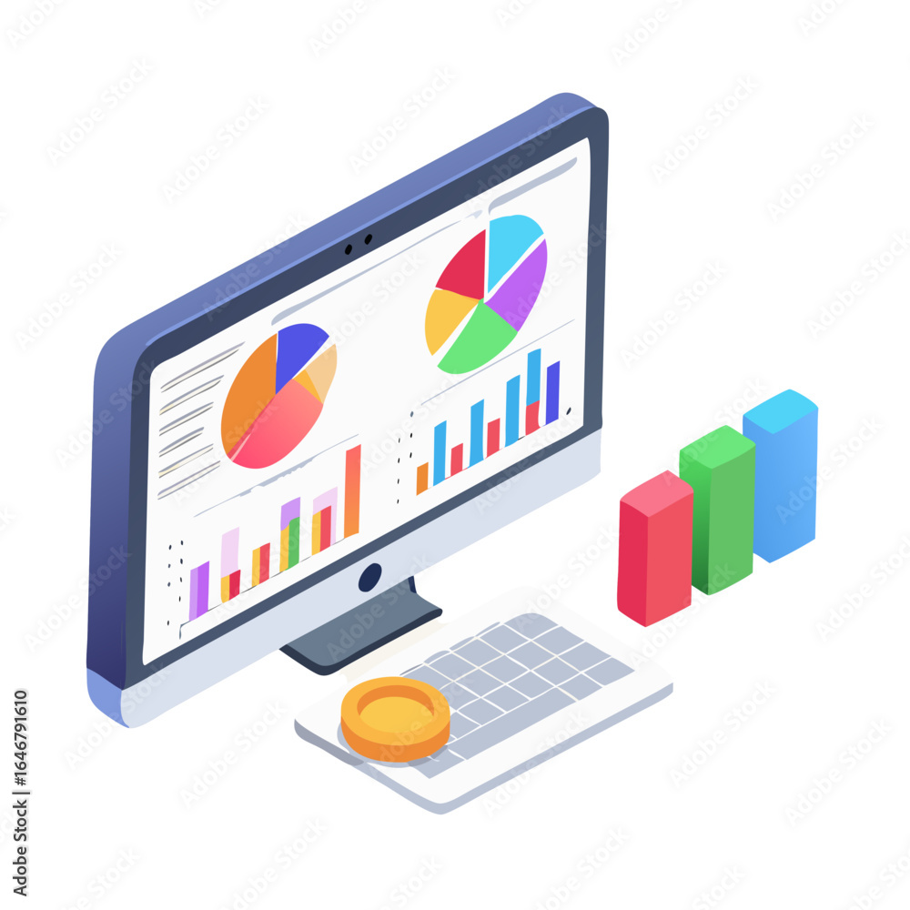Aufkleber isometric computer screen displaying data charts and graphs isolated on white background