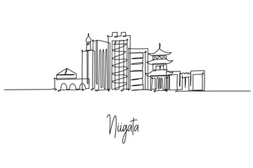 Obraz premium Niigata city skyline in a one line drawing highlights Bandai Bridge, Toki Messe and Befco Bakauke Observatory, a city skyline concept themed around Sea of Japan travel, port culture and architecture.