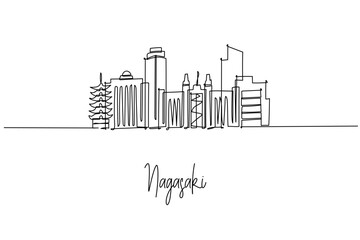 Naklejka premium Nagasaki city skyline in a continuous line drawing features Megane Bridge, Dejima and Oura Church, a city skyline concept themed around Kyushu Japan travel, harbor culture, history and heritage.