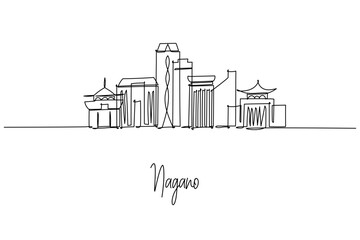 Nagano city skyline in a single line drawing shows Zenko ji, Olympic venues and modern towers, a city skyline concept themed around Nagano Prefecture travel, winter sports, mountains and culture.