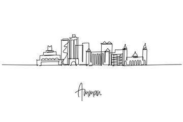 Fototapeta premium Amman city skyline in a single line drawing highlights the Citadel, Abdali towers, King Abdullah I Mosque and Wadi Abdoun bridge, a city skyline concept themed around Jordan travel and urban culture.