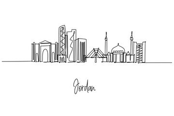 Fototapeta premium Jordan country skyline in a continuous line drawing shows Amman landmarks, Abdali towers, Wadi Abdoun bridge and mosques, a city skyline concept themed around Middle East travel, heritage and design.